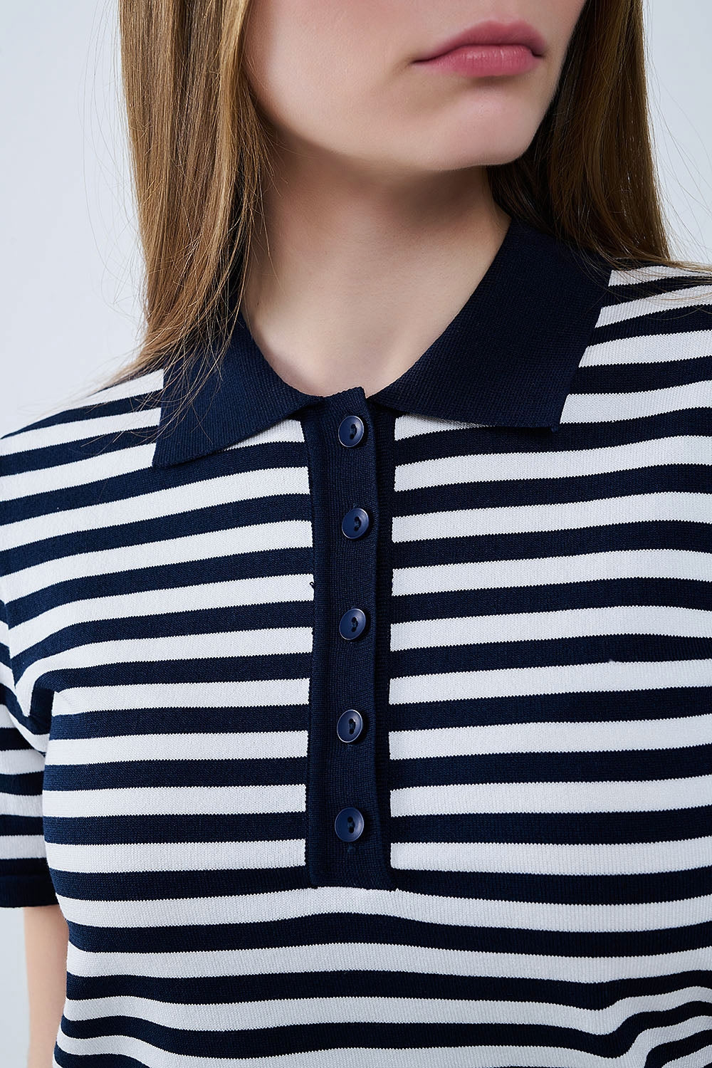 navy and White Striped Knitted Polo T-shirt