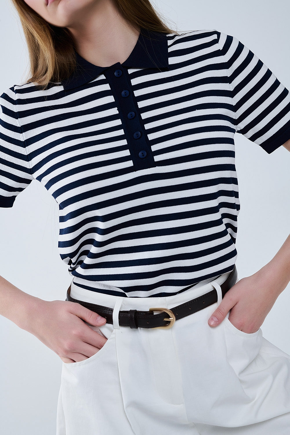 navy and White Striped Knitted Polo T-shirt