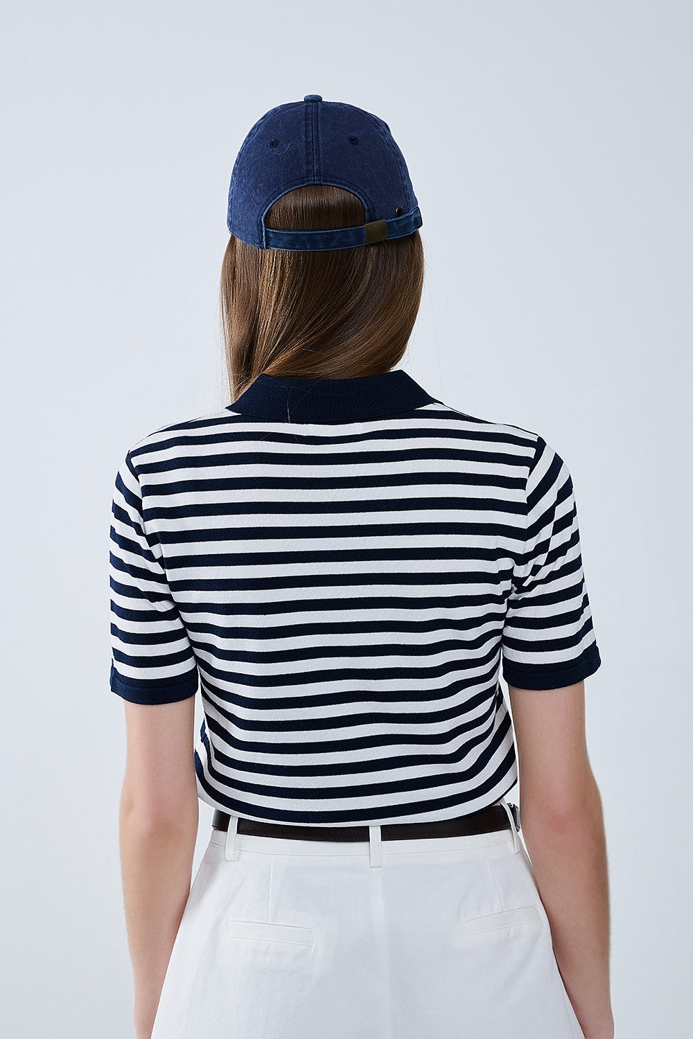 navy and White Striped Knitted Polo T-shirt