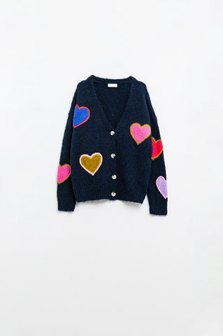 Navy blue knitted cardigan with embroidered hearts