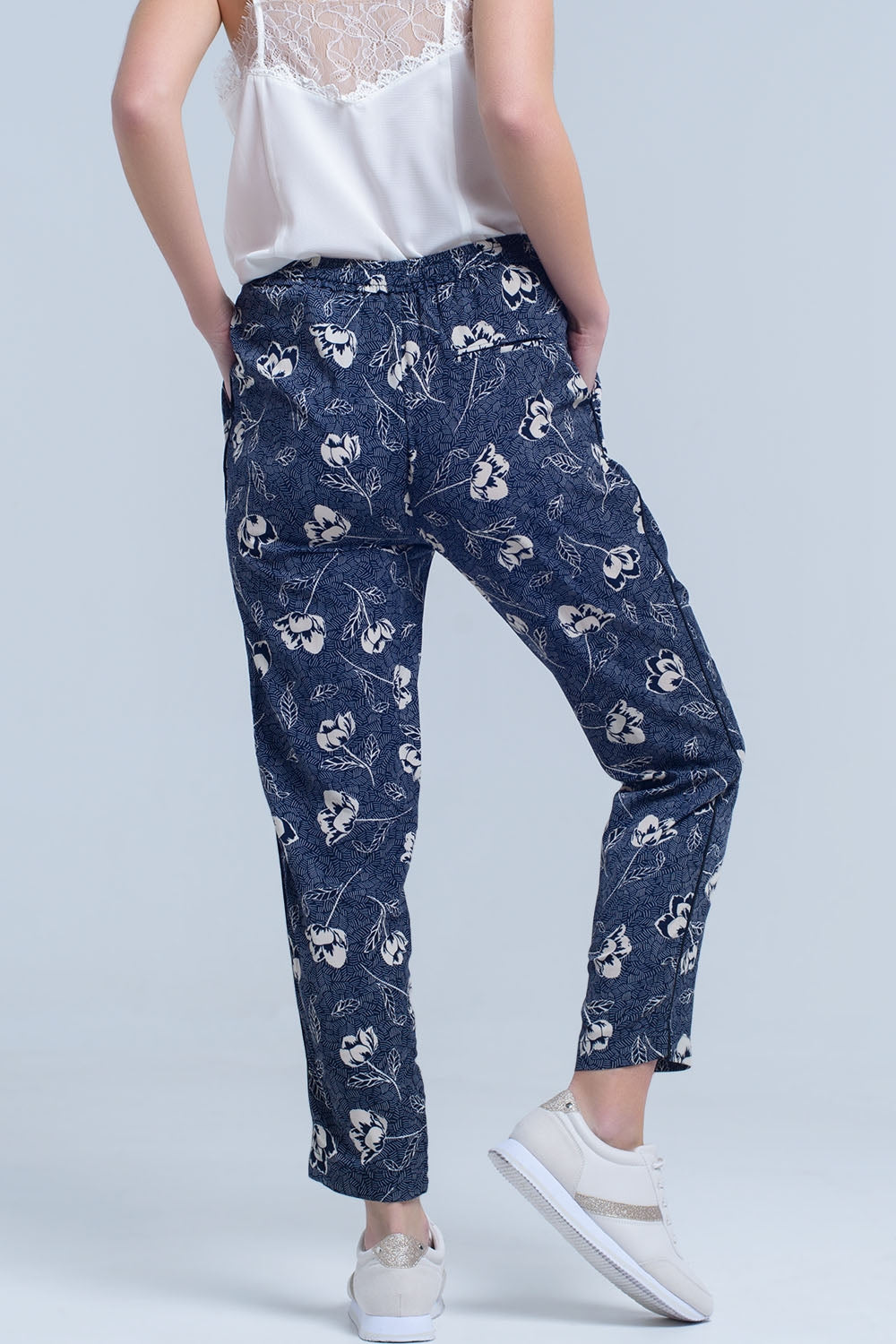 Navy blue pants with floral print Q2 Pants BoutiqueLua