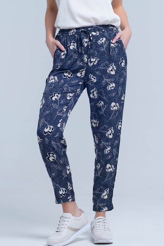 Pantalon bleu marine à imprimé fleuri