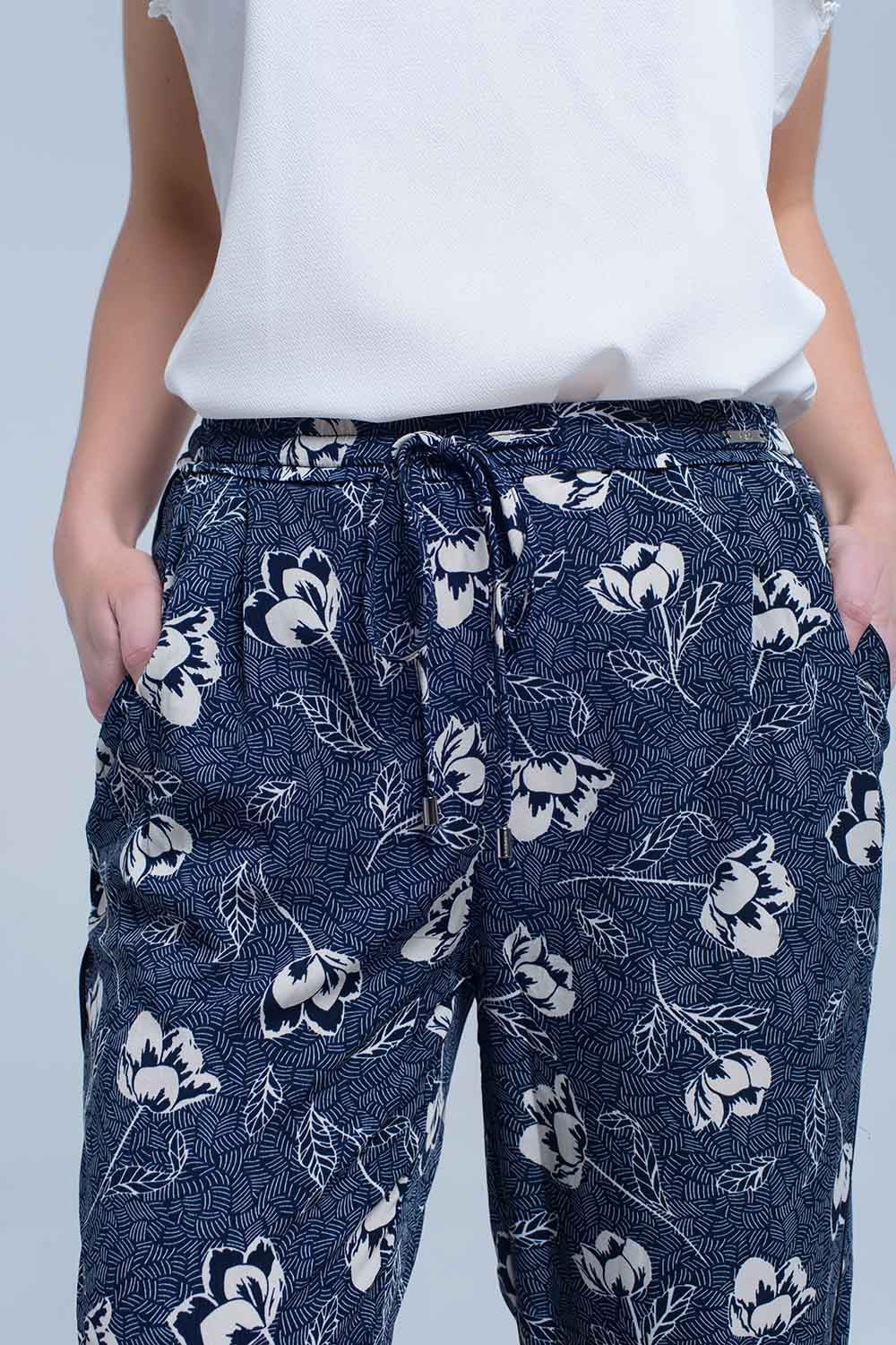 Navy blue pants with floral print Q2 Pants BoutiqueLua