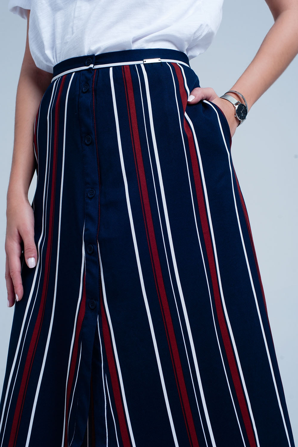 Navy blue striped midi skirt Q2 Skirts BoutiqueLua