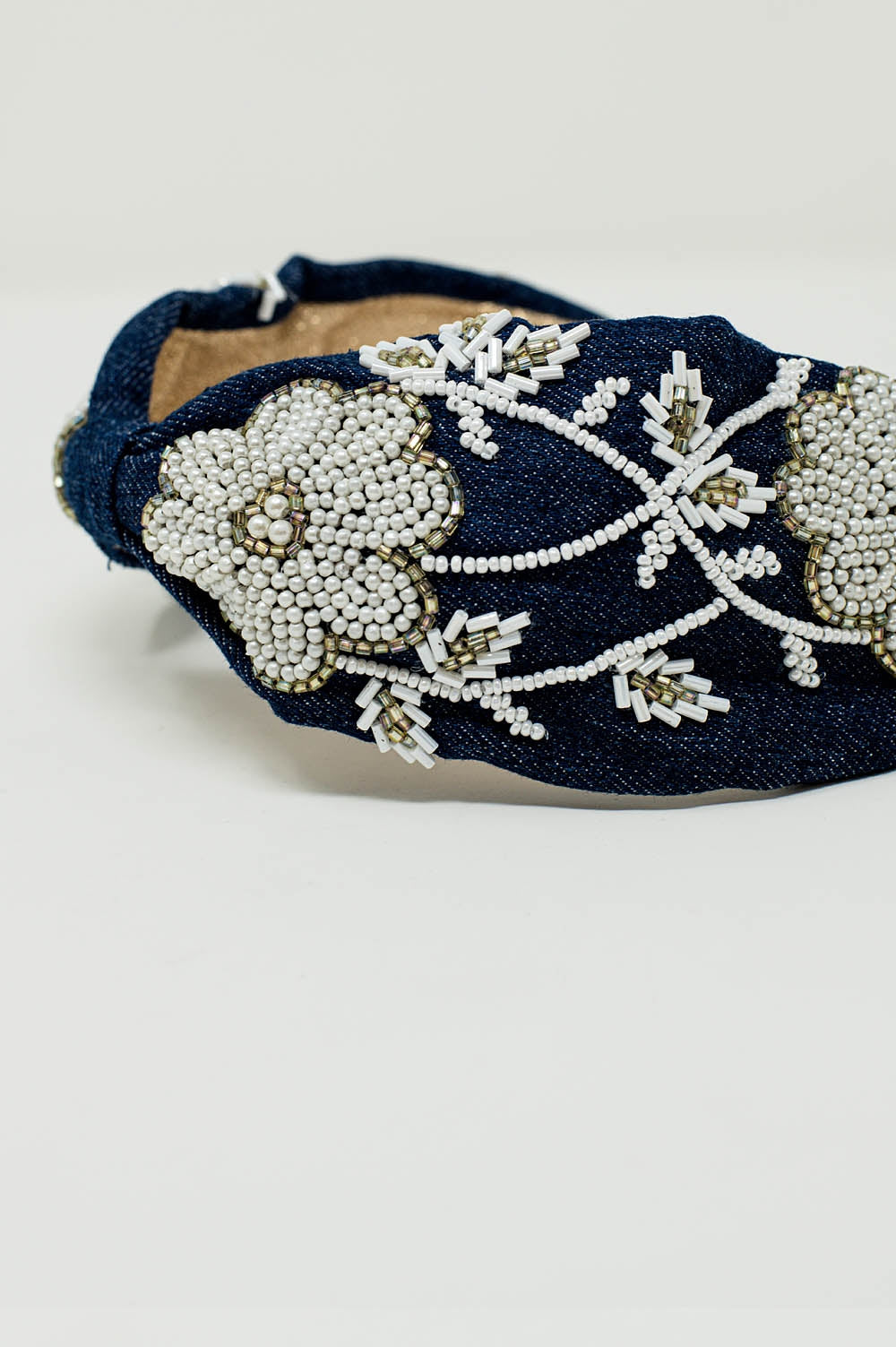 Navy Headband With Big Embroidered Flowers in White Q2 Headbands BoutiqueLua