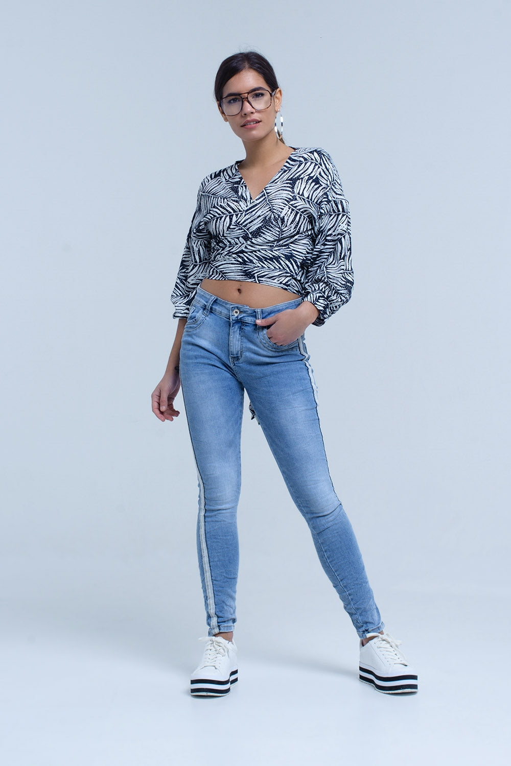 Navy leaf print blouse with plunge neck Q2 Shirts BoutiqueLua