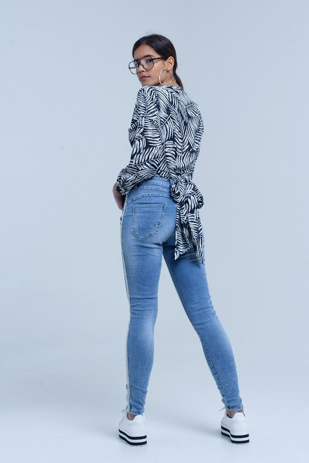 Navy leaf print blouse with plunge neck Q2 Shirts BoutiqueLua