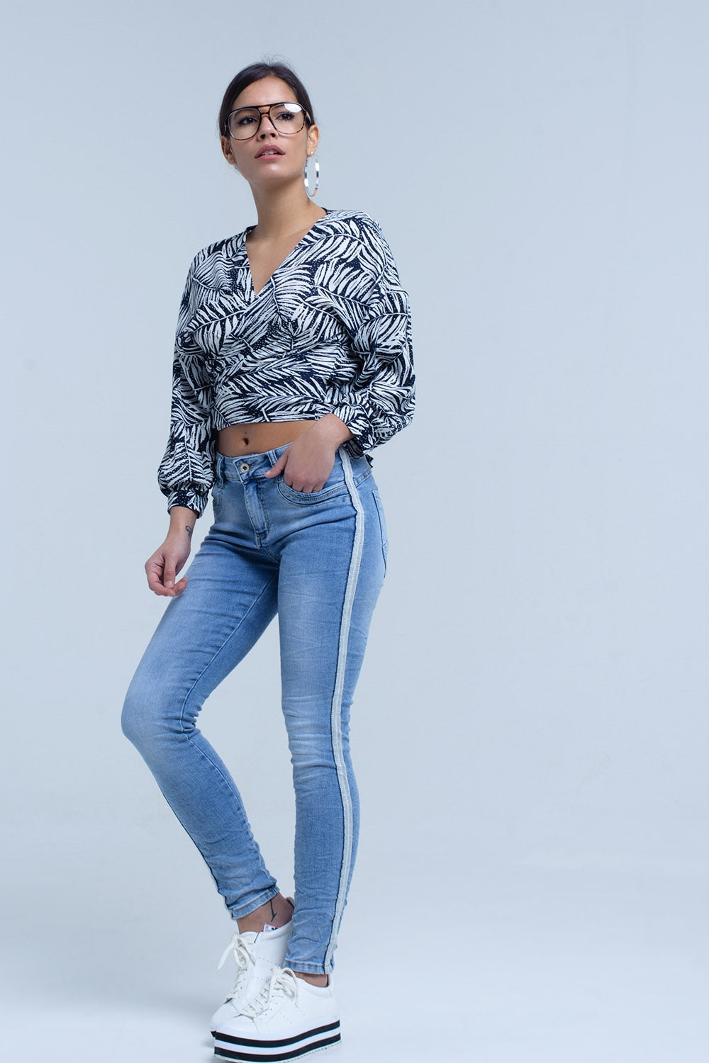 Navy leaf print blouse with plunge neck Q2 Shirts BoutiqueLua