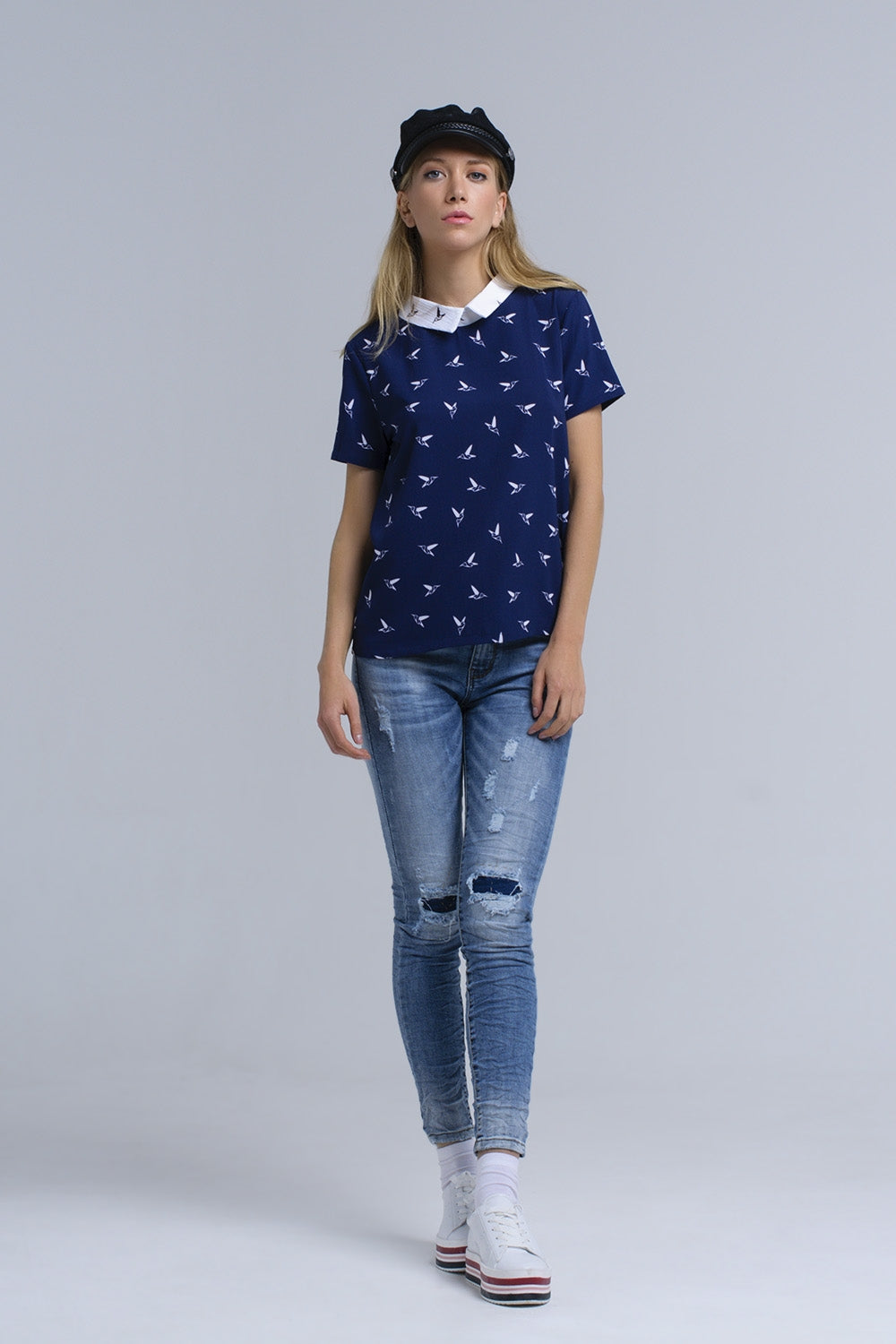 Navy shirt with printed birds Q2 Shirts BoutiqueLua