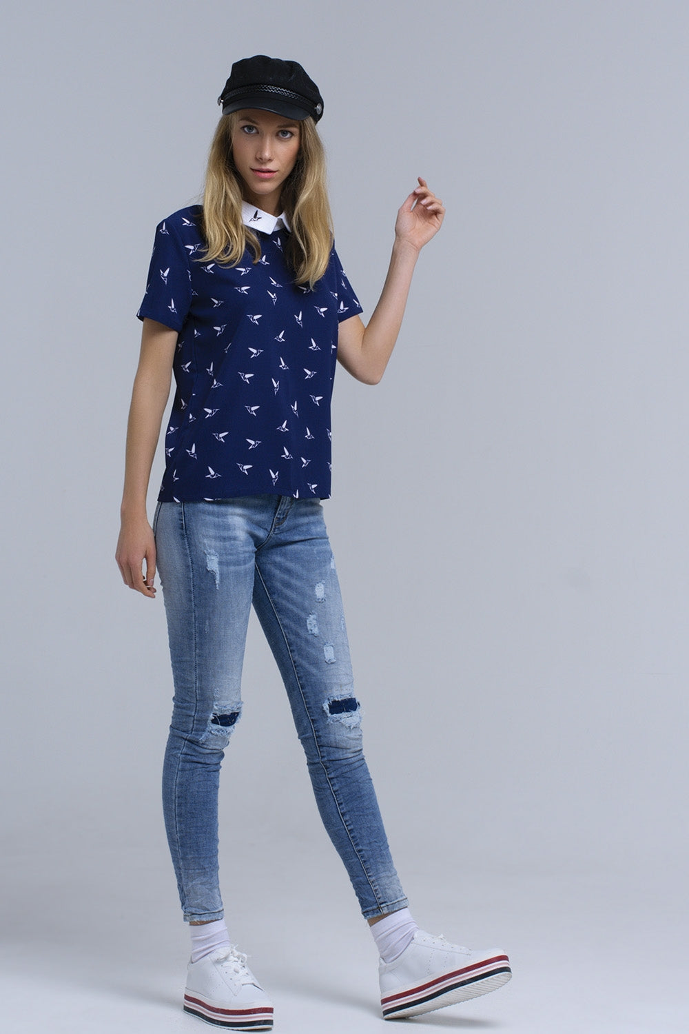 Navy shirt with printed birds Q2 Shirts BoutiqueLua