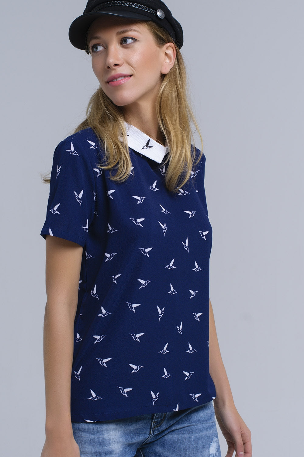 Navy shirt with printed birds Q2 Shirts BoutiqueLua