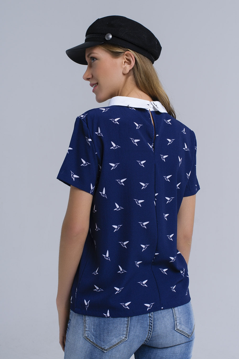 Navy shirt with printed birds Q2 Shirts BoutiqueLua