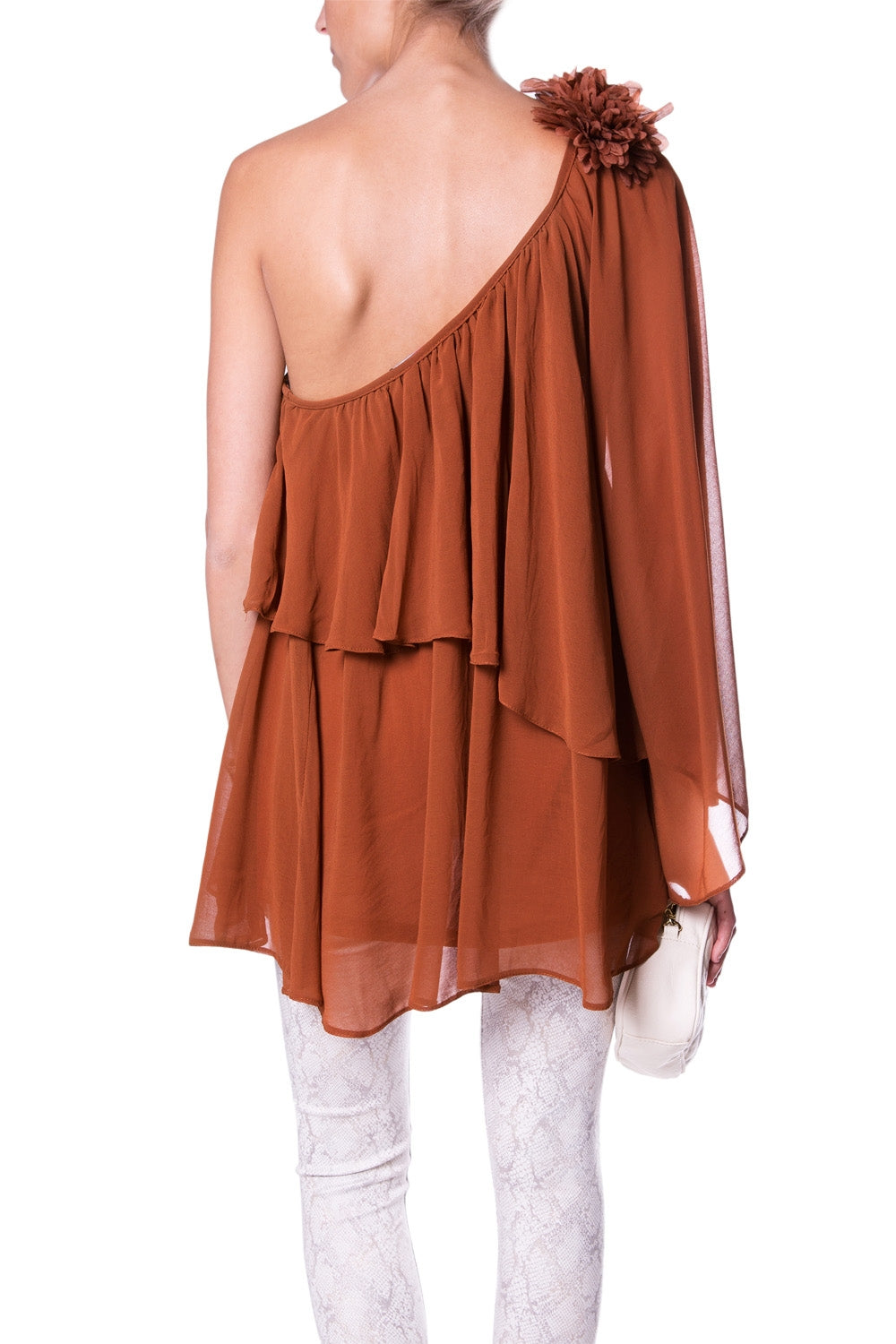 Off The Shoulder Brown Tunic With Flower On Shoulder Q2 Shirts BoutiqueLua