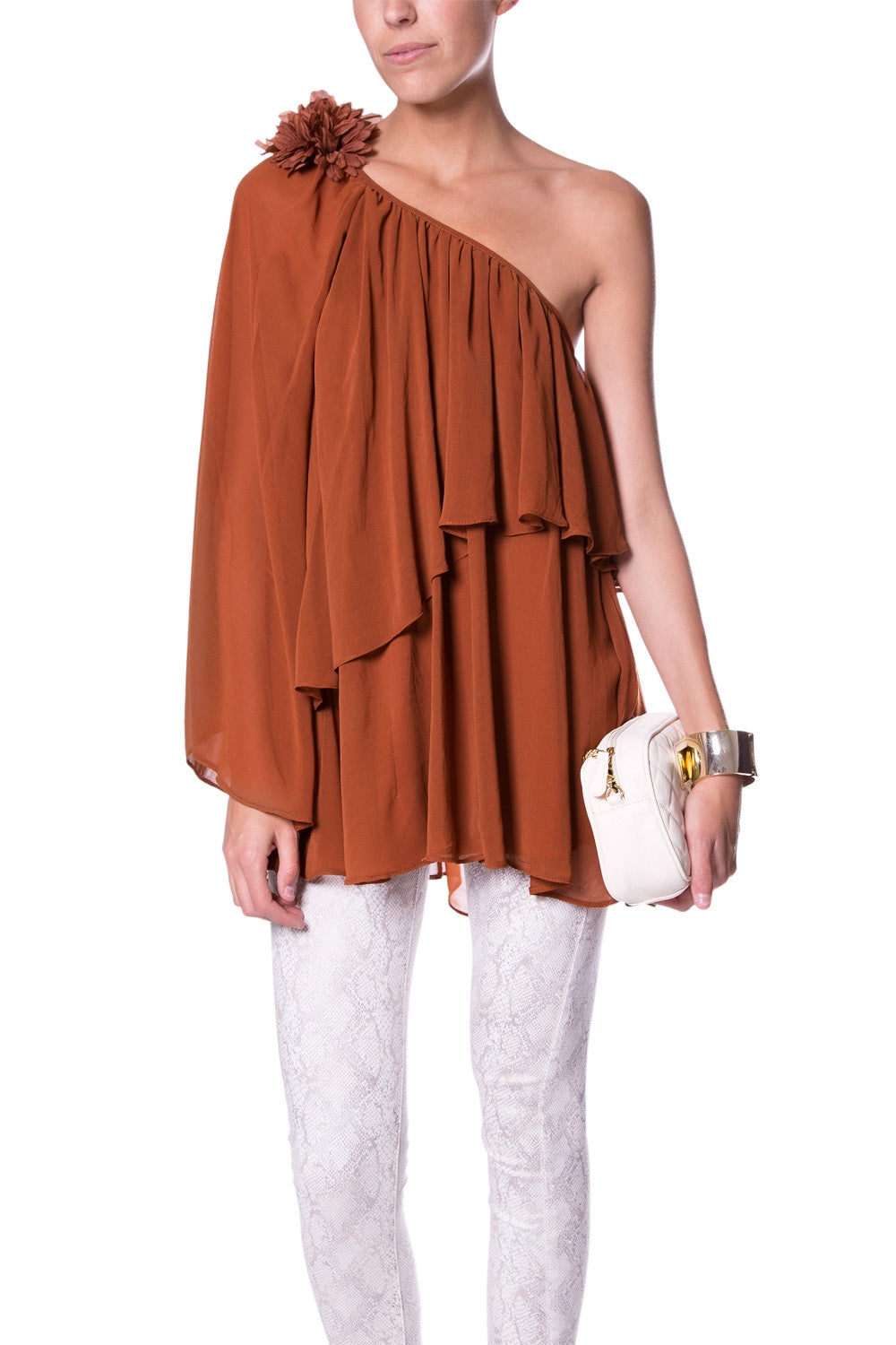 Off The Shoulder Brown Tunic With Flower On Shoulder Q2 Shirts BoutiqueLua