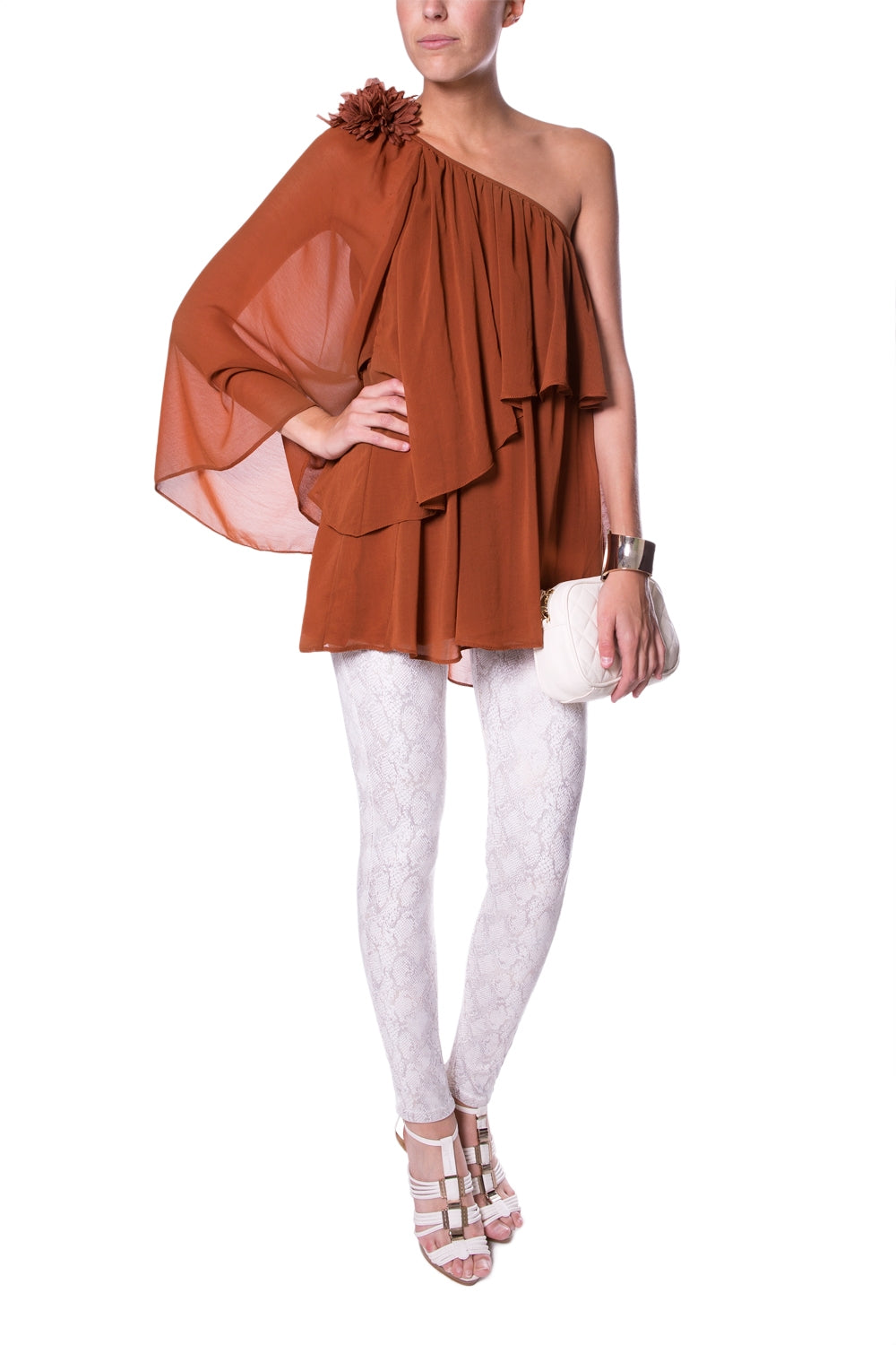 Off The Shoulder Brown Tunic With Flower On Shoulder Q2 Shirts BoutiqueLua