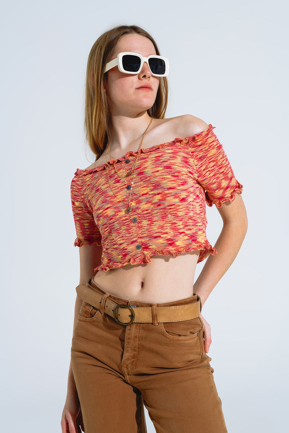 Off The Shoulder Cropped Knitted Top in Rust Melange Q2 Sweaters BoutiqueLua