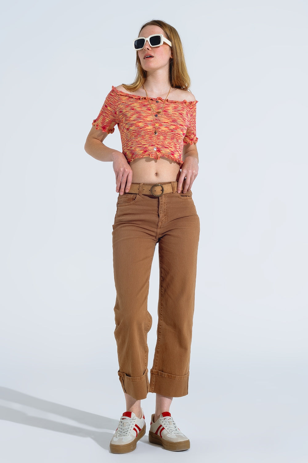 Off The Shoulder Cropped Knitted Top in Rust Melange Q2 Sweaters BoutiqueLua