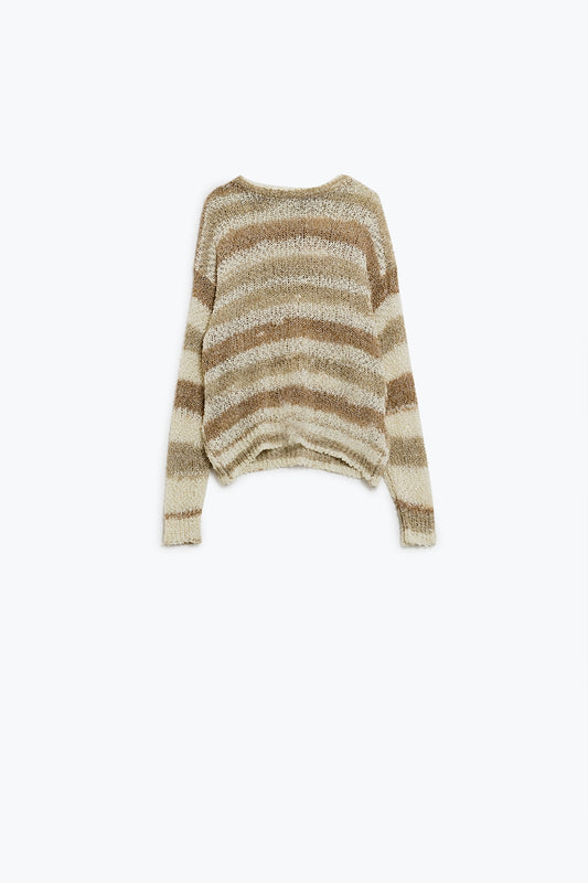 Q2 Open Knit Stripey Crew Neck Sweater in Shades of Brown