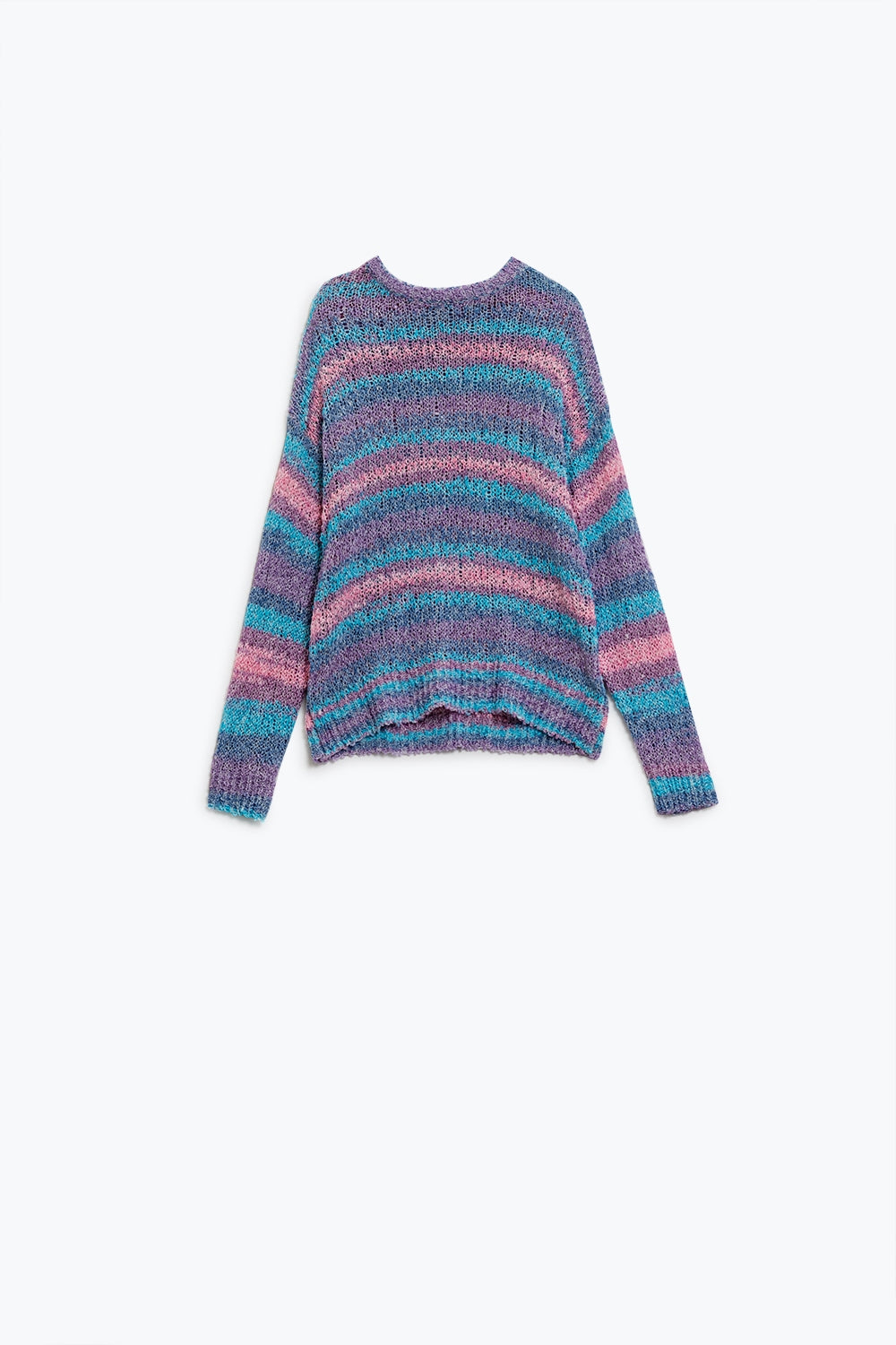 Q2 Open Knit Stripey Crew Neck Sweater in Shades of Purple and Blue