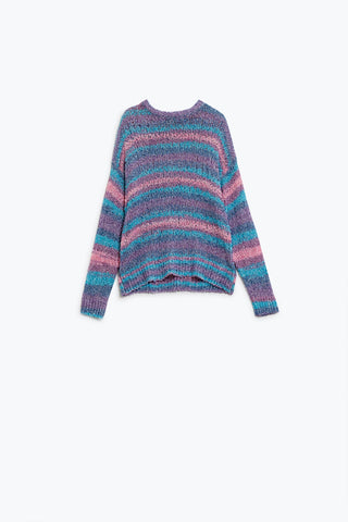 Open Knit Stripey Crew Neck Sweater in Shades of Purple and Blue