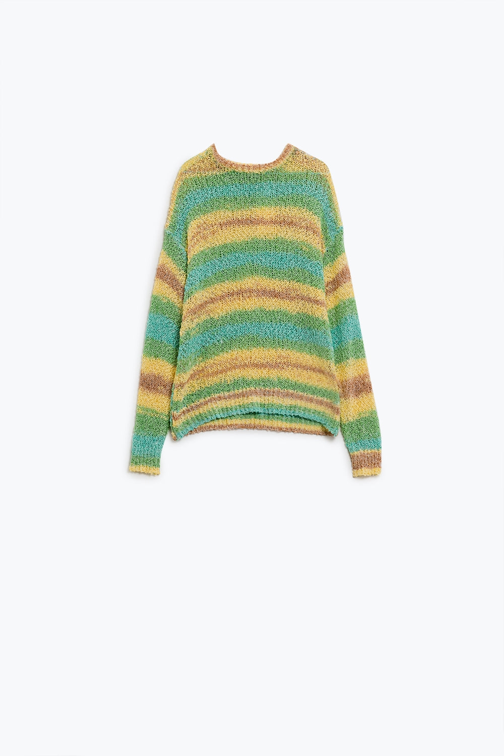 Q2 Open Knit Stripey Crew Neck Sweater in Shades of Yellow and Green