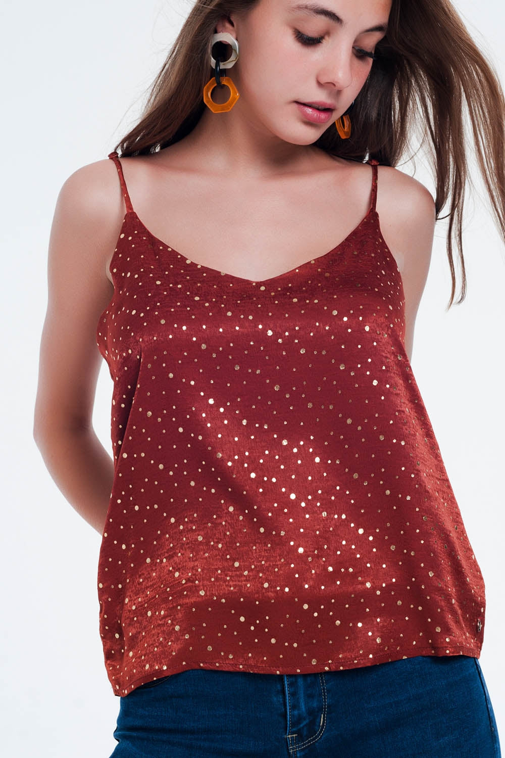 Orange polka dot strappy cami top Q2 Shirts BoutiqueLua