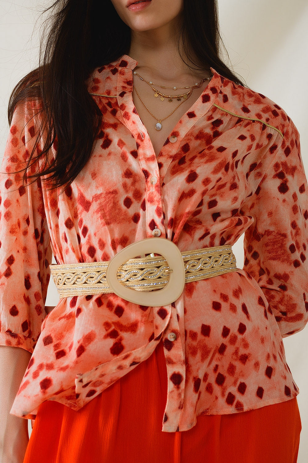 Orange Shirt With Abstract Print And 3/4 Length Sleeves Q2 Shirts BoutiqueLua