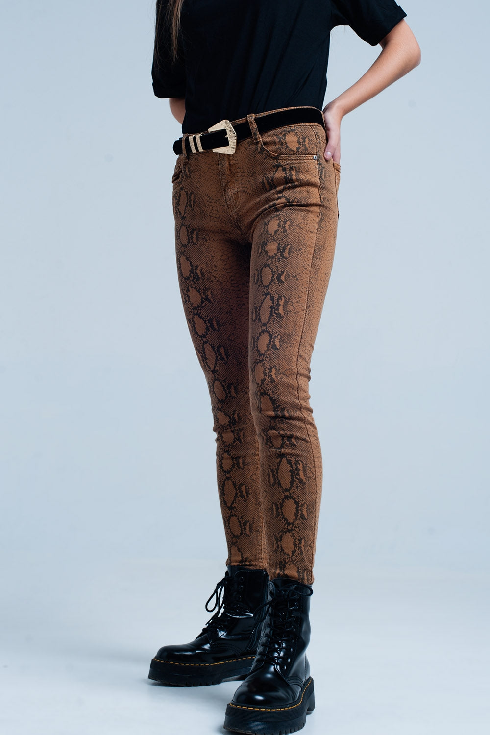 Q2 Orange Skinny Pants in Snake Print