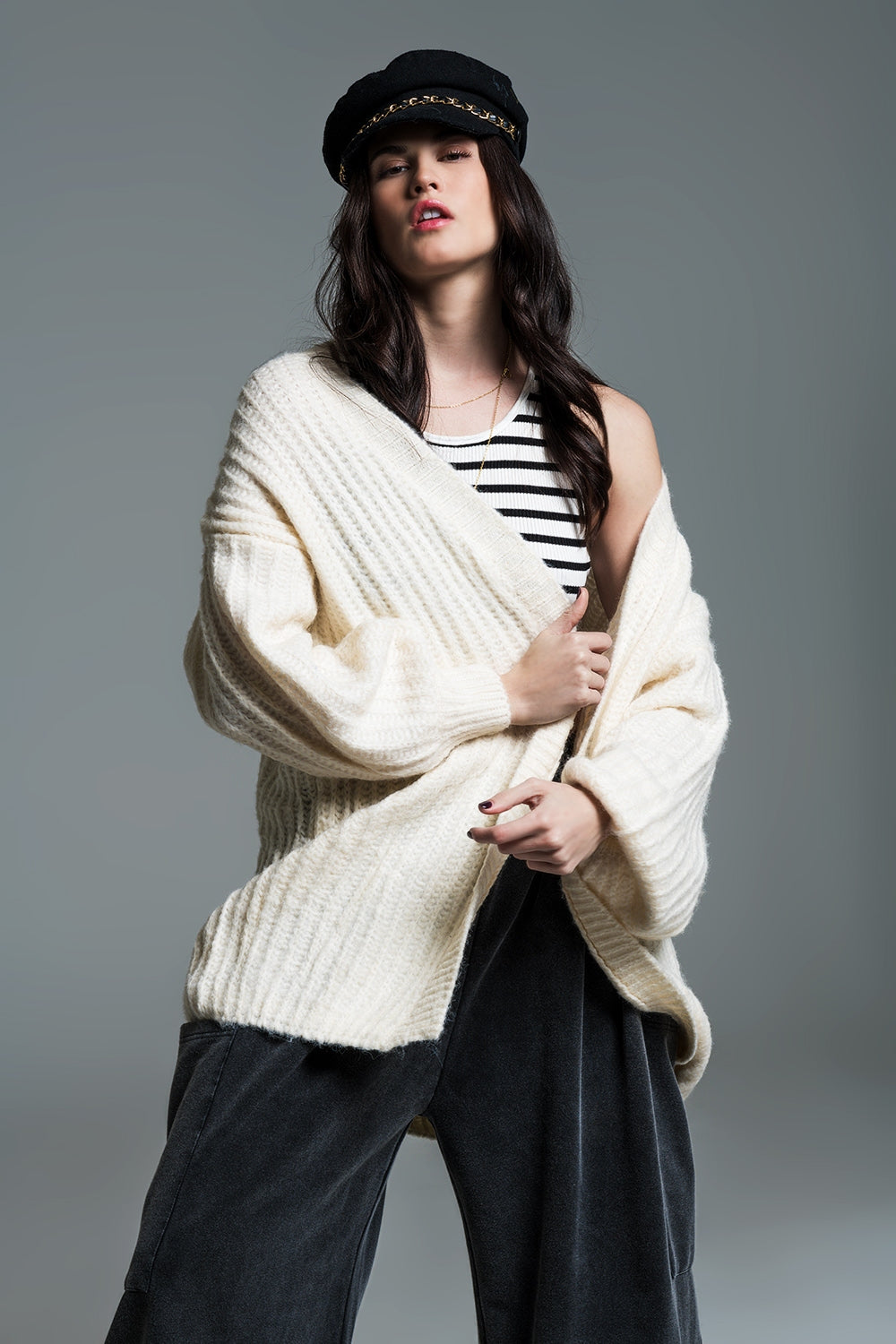 Oversized cardigan in chunky rib with long Sleeves in Cream Q2 Sweaters BoutiqueLua