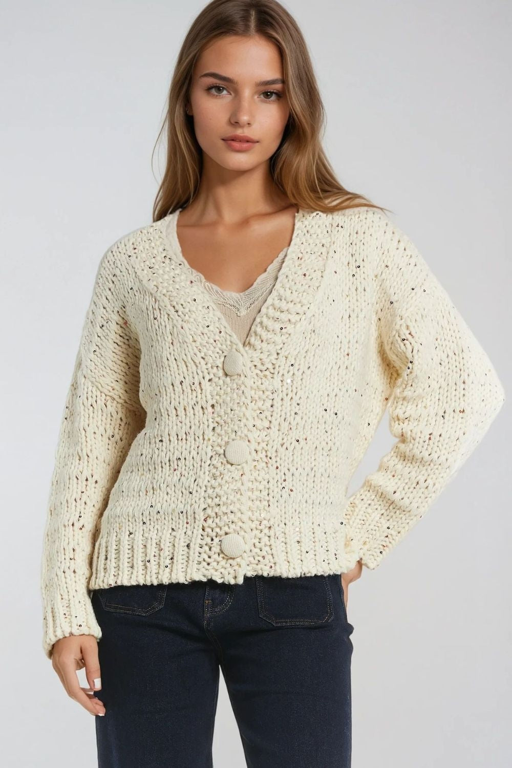 Q2 Oversized chunky knit cardigan in cream with sequin detail