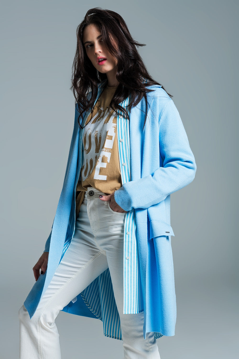 Q2 Oversized collar maxi cardigan in baby blue