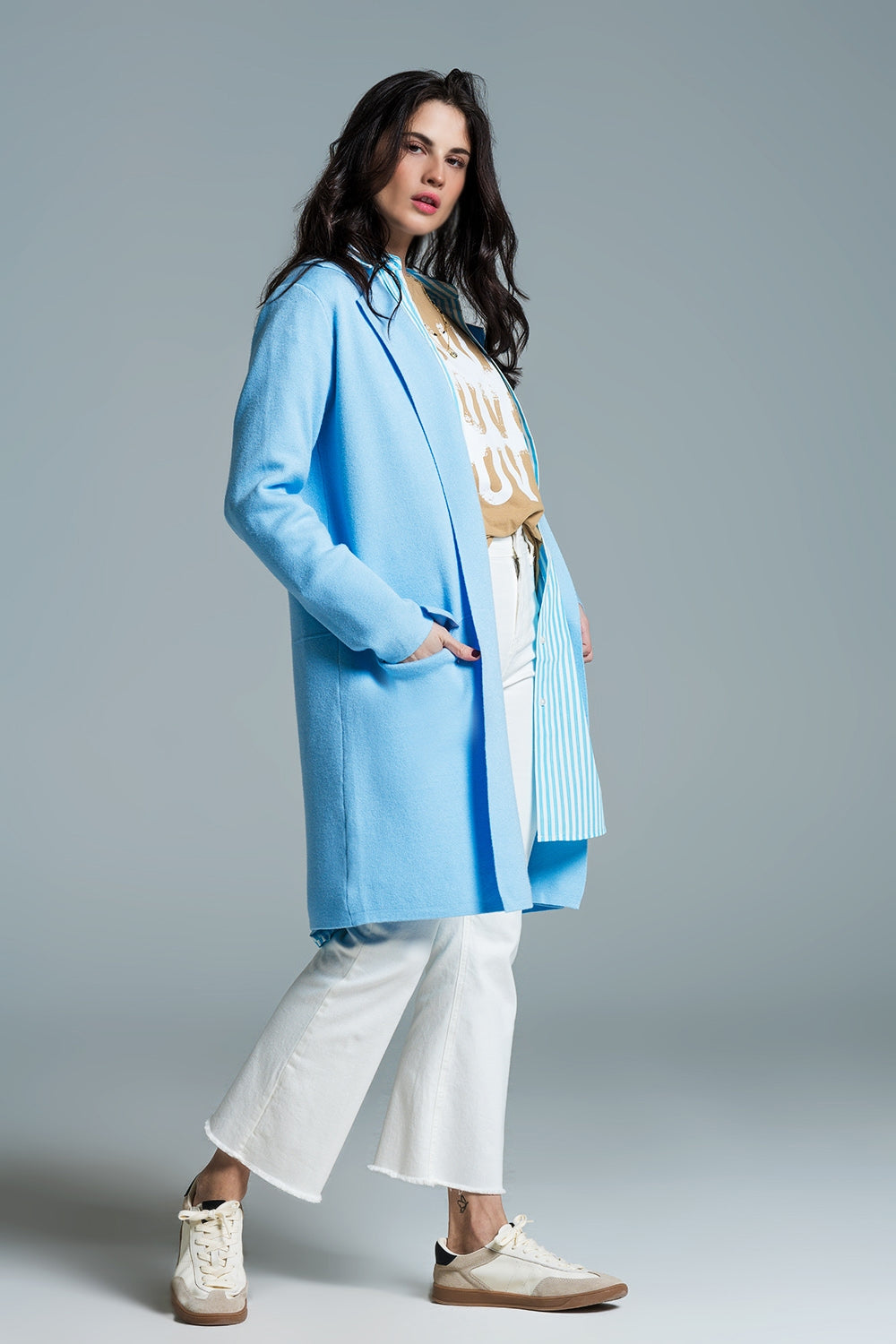 Oversized collar maxi cardigan in baby blue Q2 Sweaters BoutiqueLua