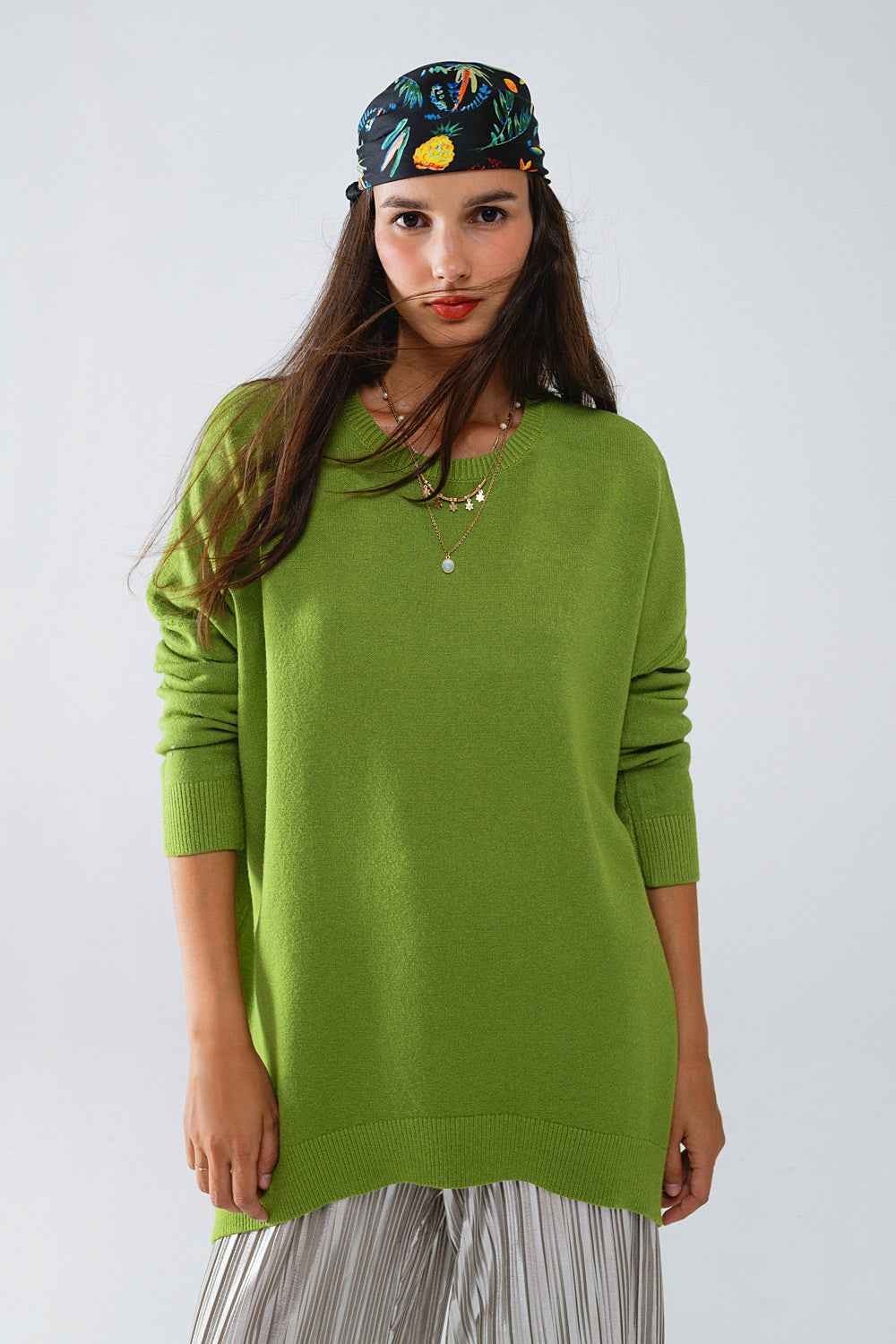 Oversized Crew Neck Long Sleeve Sweater in Olive Green Q2 Sweaters BoutiqueLua