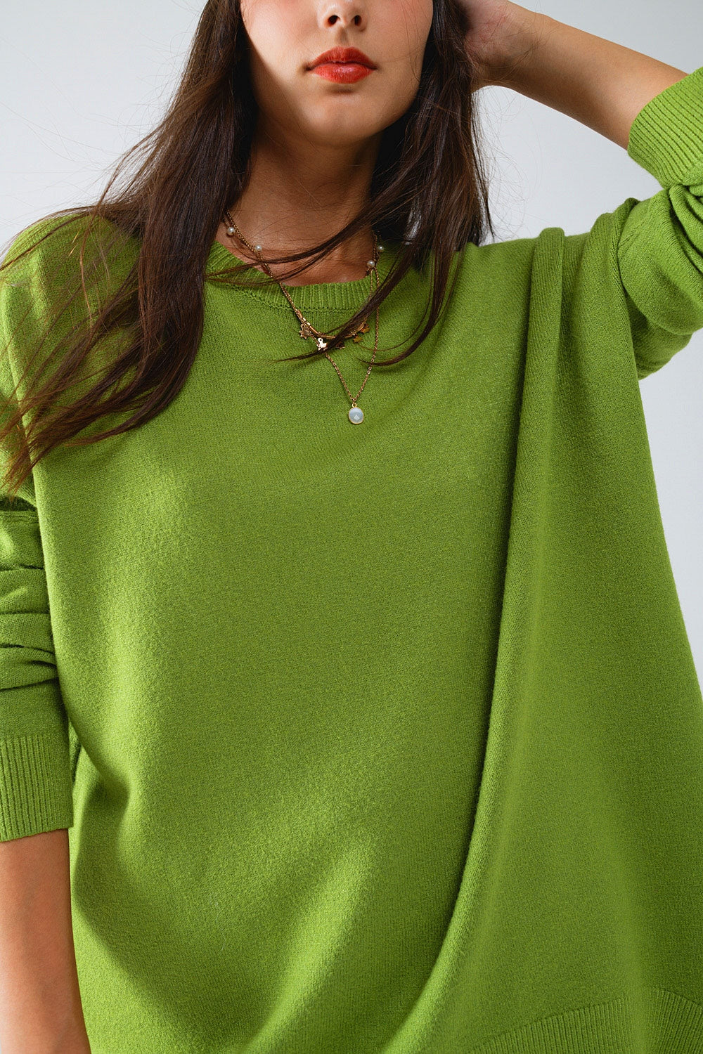 Oversized Crew Neck Long Sleeve Sweater in Olive Green Q2 Sweaters BoutiqueLua