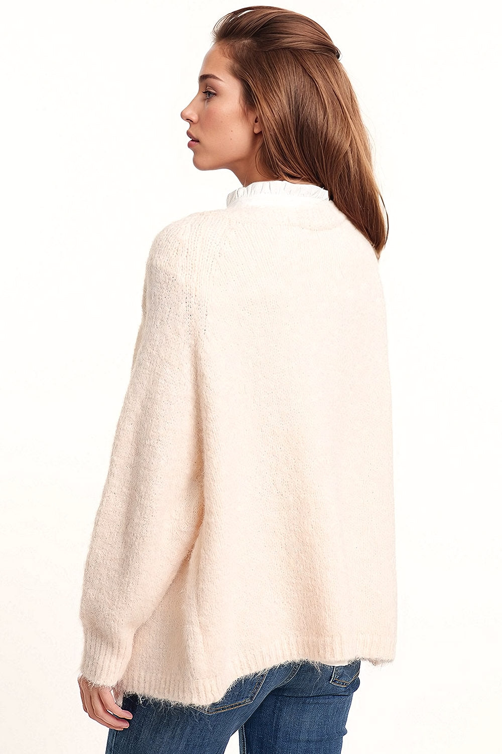 Oversized fluffy knit open cardigan in white with rib at them and cuffs Q2 Sweaters BoutiqueLua