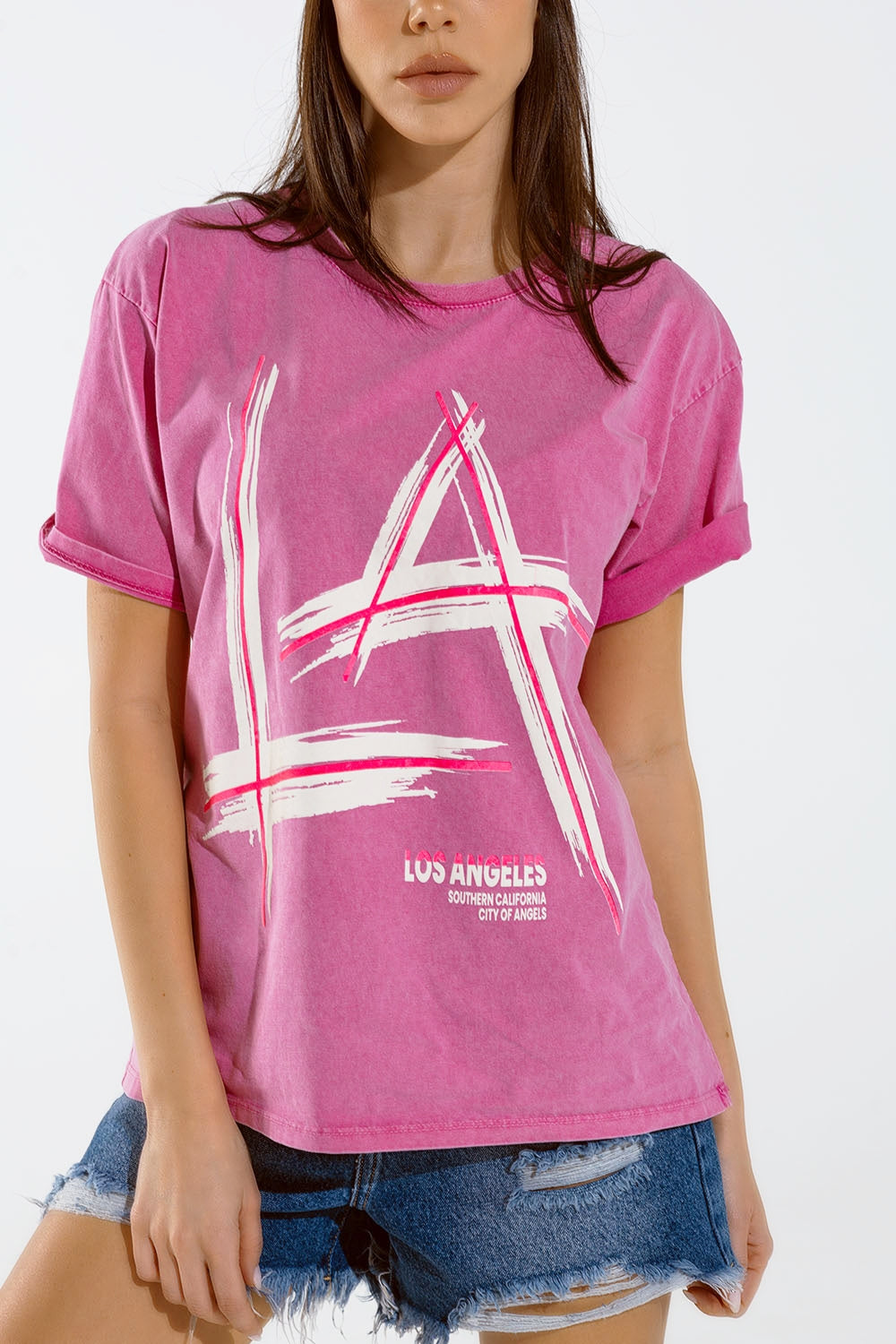 Oversized fuchsia t-shirt printed LA Los Angeles in white and fuchsia Q2 Tops BoutiqueLua