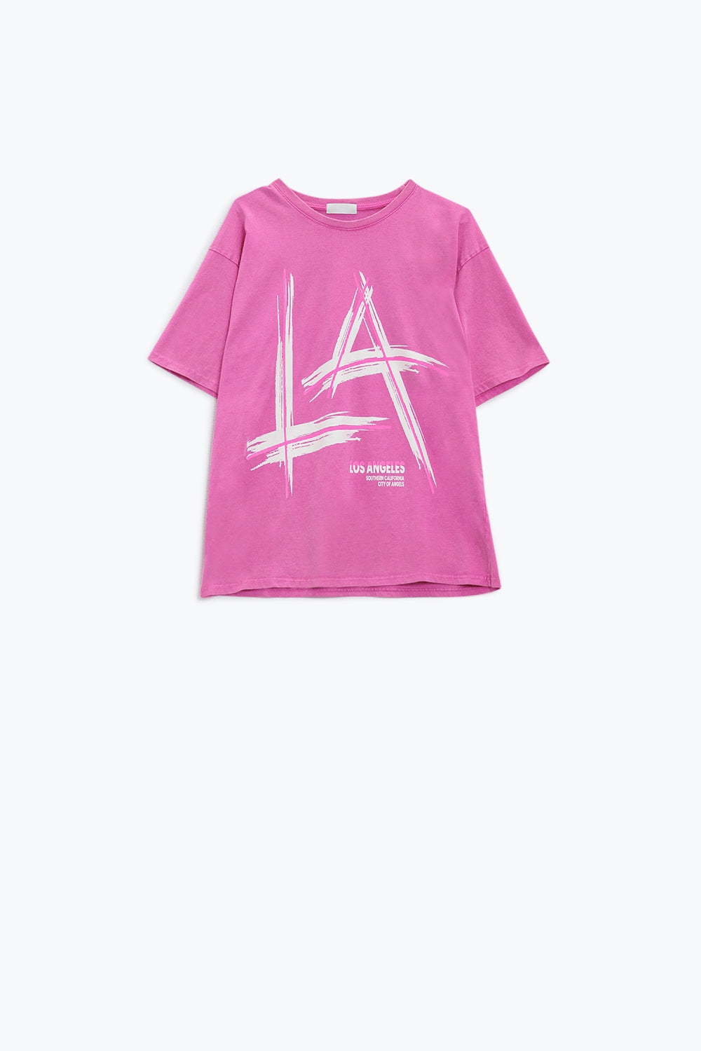 Oversized fuchsia t-shirt printed LA Los Angeles in white and fuchsia Q2 Tops BoutiqueLua