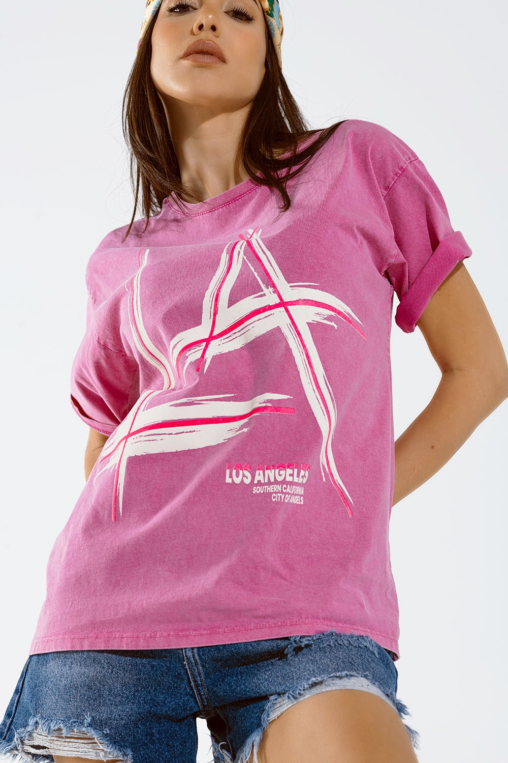 Oversized fuchsia t-shirt printed LA Los Angeles in white and fuchsia Q2 Tops BoutiqueLua