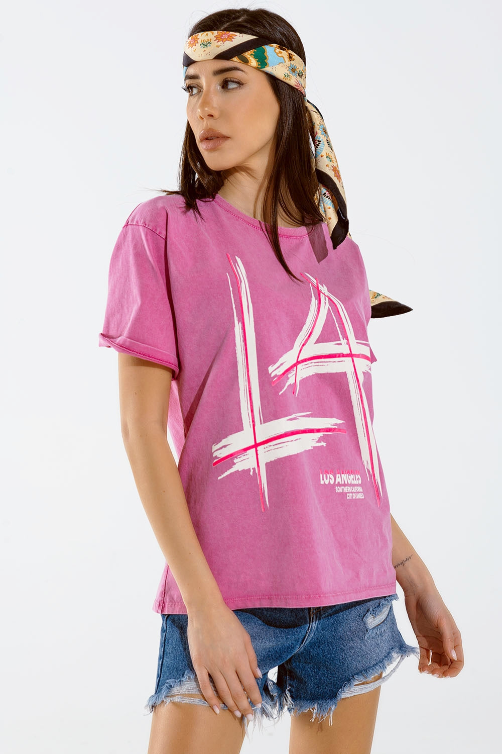 Oversized fuchsia t-shirt printed LA Los Angeles in white and fuchsia Q2 Tops BoutiqueLua