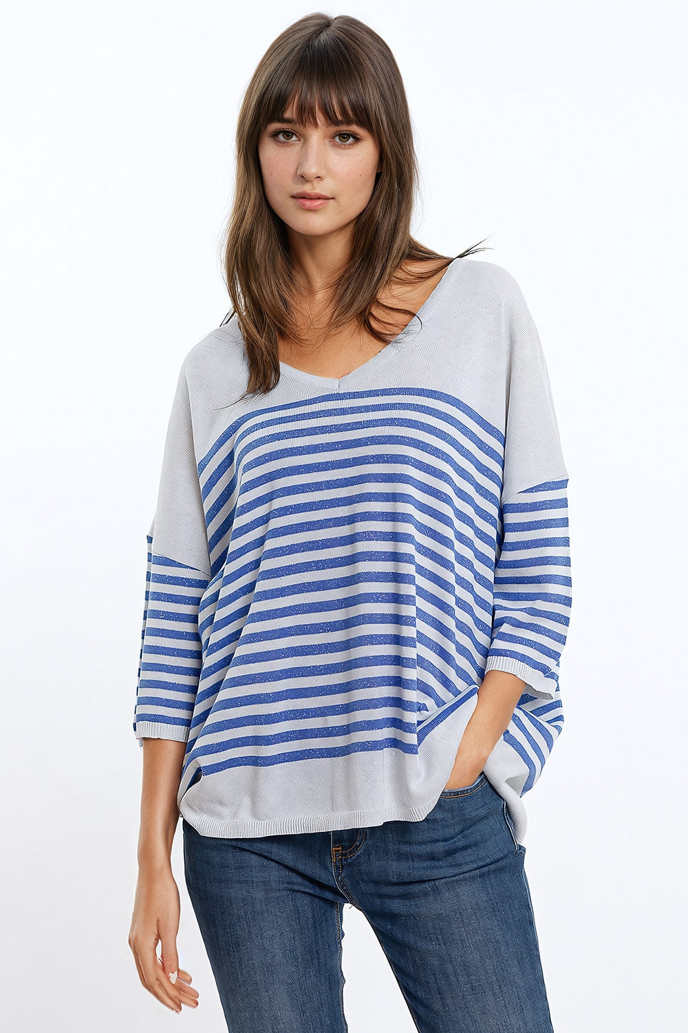 Q2 Oversized Grey sweater with blue stripes and V-neck