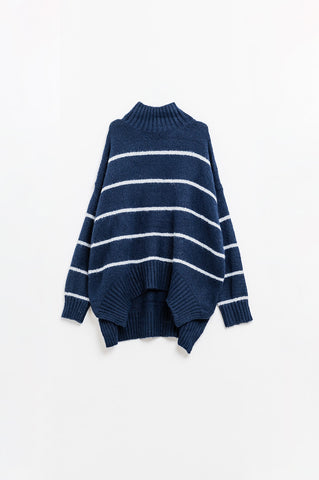 Oversized navy sweater with white stripes