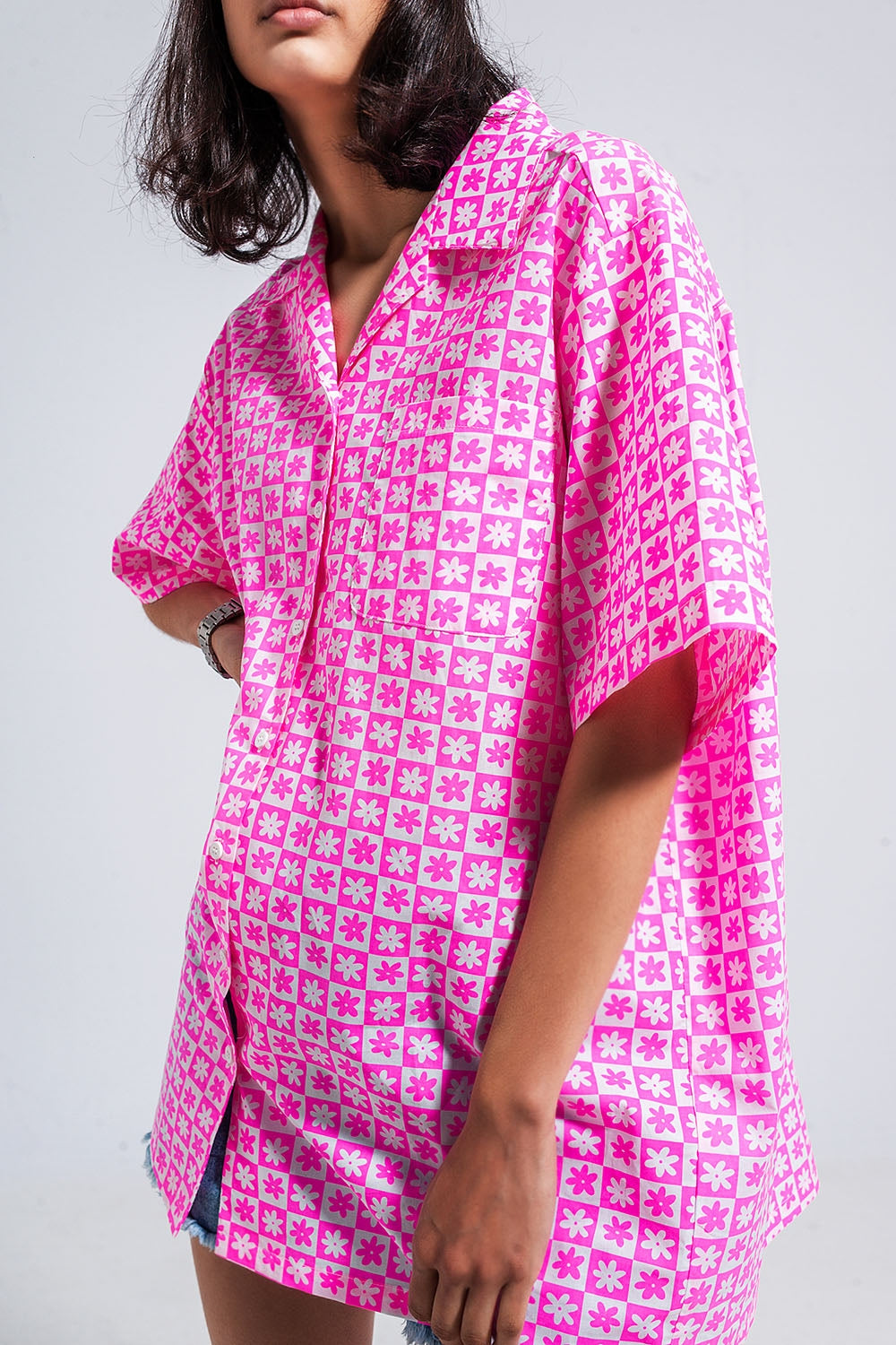 Oversized short sleeve shirt in bright pink Q2 Dresses BoutiqueLua