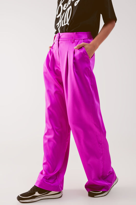 Q2 Palazzo pleated pants in fuchsia