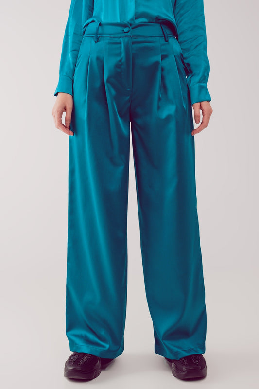 Q2 Palazzo pleated pants in turquoise