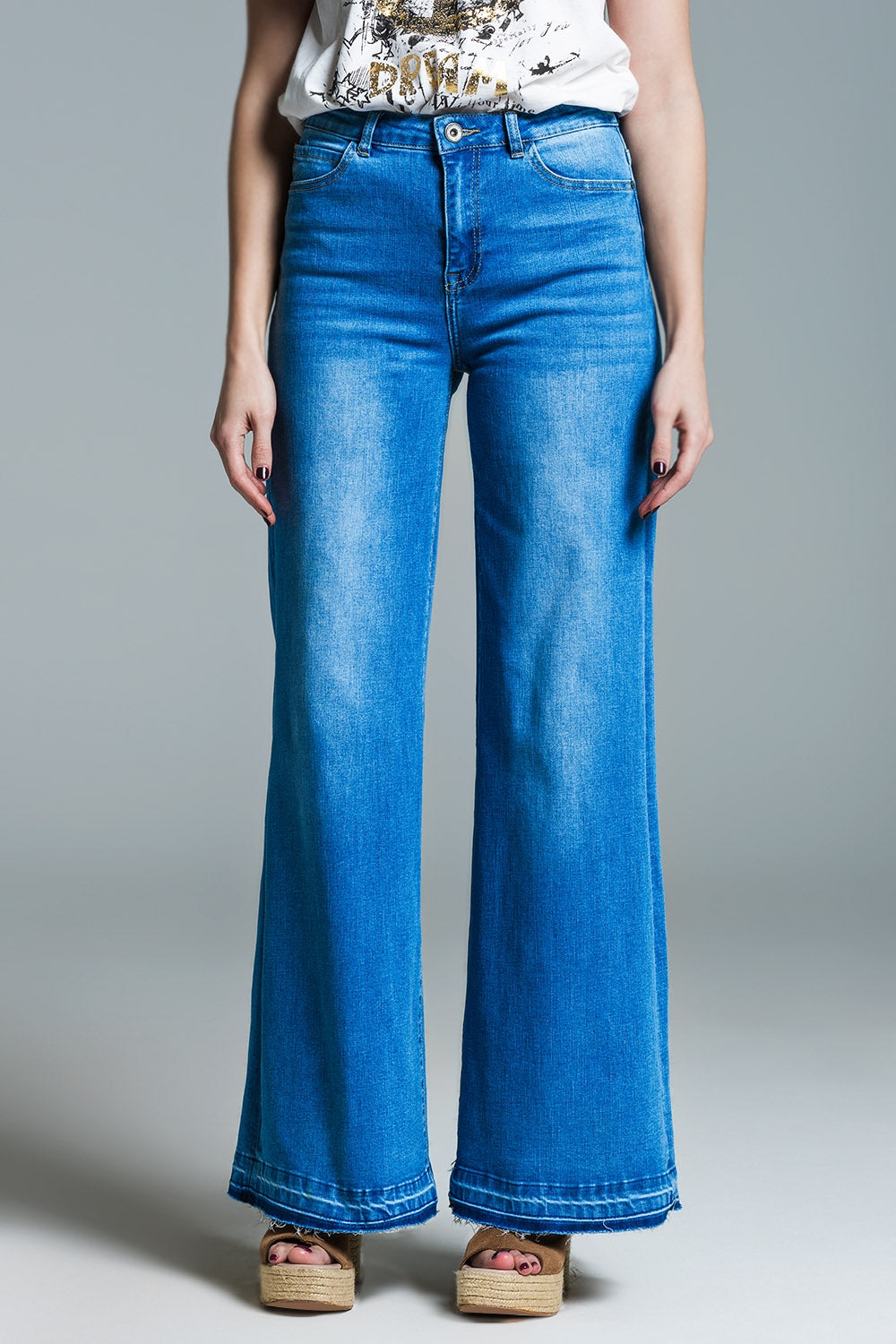 Palazzo Style Jeans in Mid Wash With Double Stitching Detail at The Hem Q2 Jeans BoutiqueLua