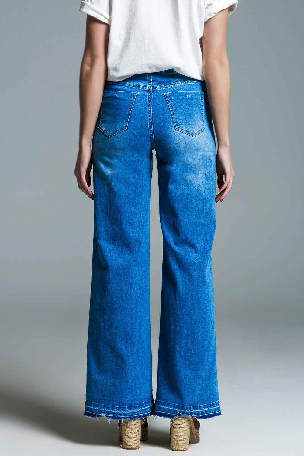 Palazzo Style Jeans in Mid Wash With Double Stitching Detail at The Hem Q2 Jeans BoutiqueLua