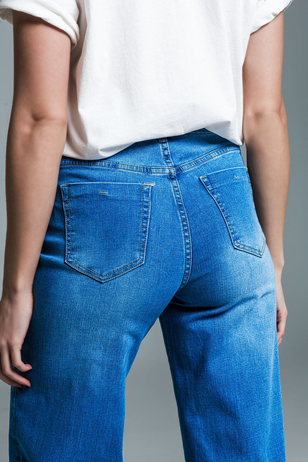 Palazzo Style Jeans in Mid Wash With Double Stitching Detail at The Hem Q2 Jeans BoutiqueLua