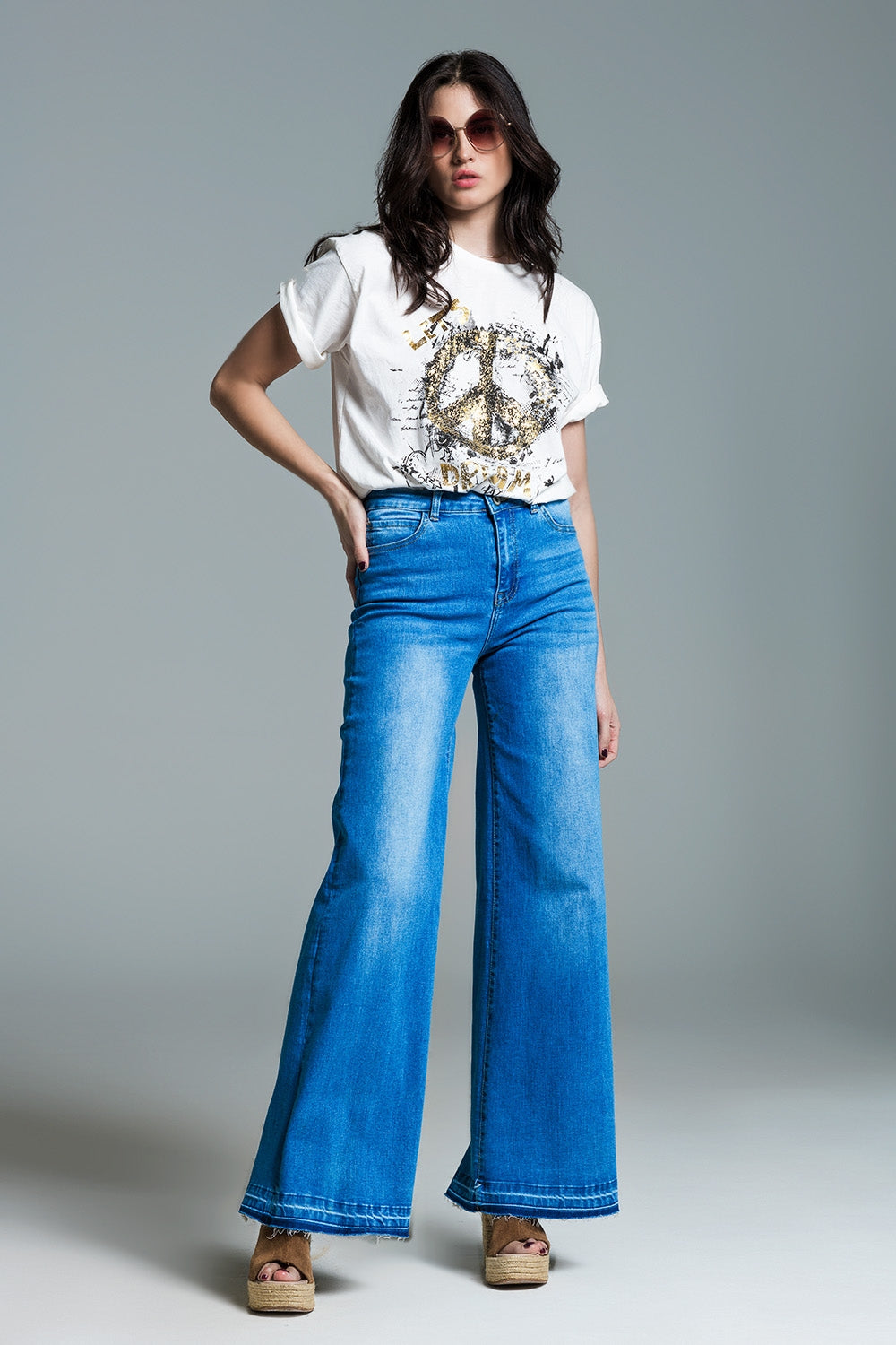 Palazzo Style Jeans in Mid Wash With Double Stitching Detail at The Hem Q2 Jeans BoutiqueLua