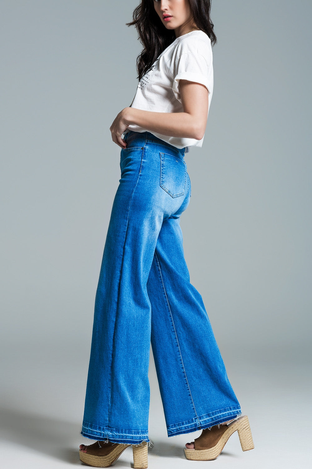 Palazzo Style Jeans in Mid Wash With Double Stitching Detail at The Hem Q2 Jeans BoutiqueLua