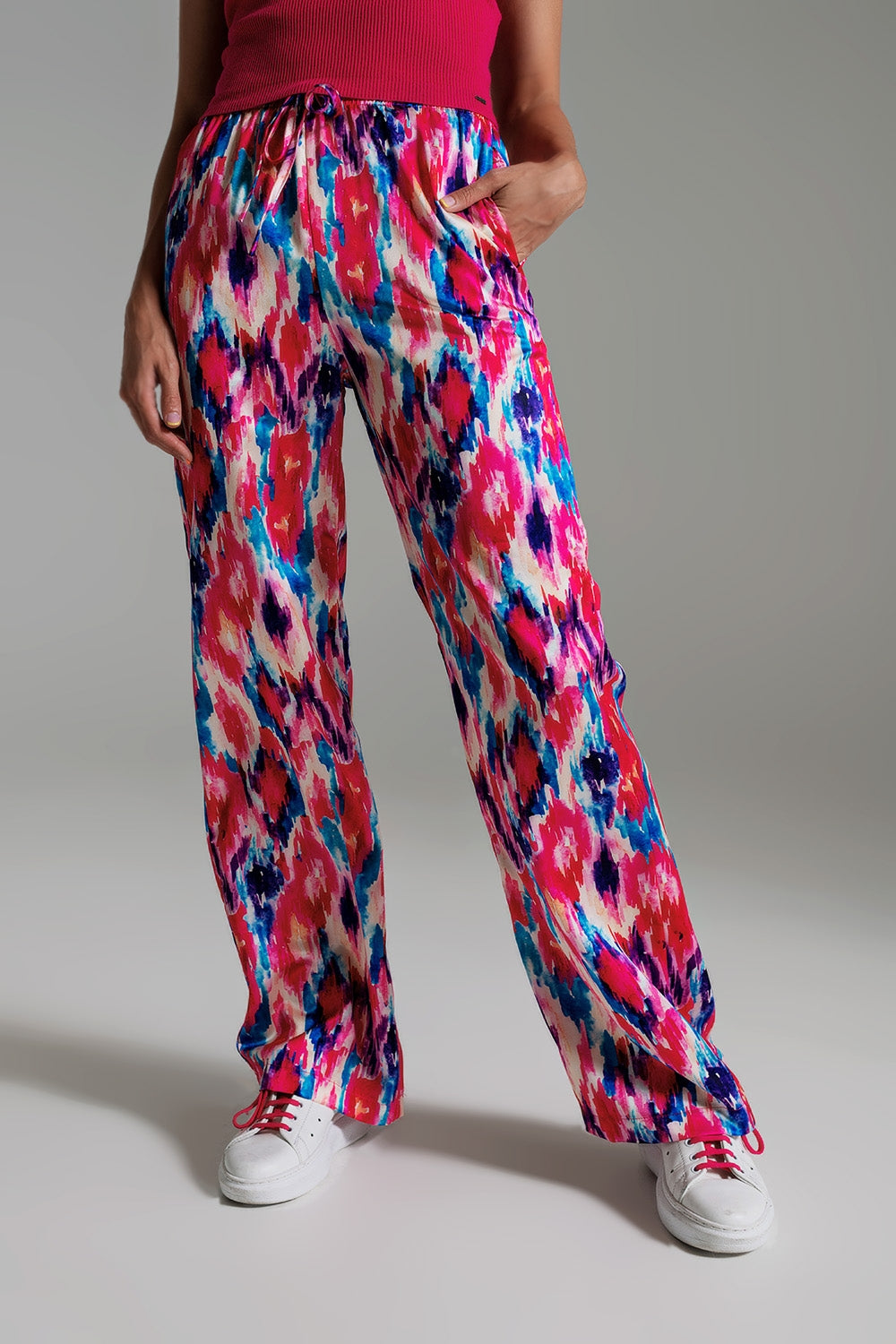 Palazzo Style Pants in Abstract Pink and Blue Print Q2 Pants BoutiqueLua